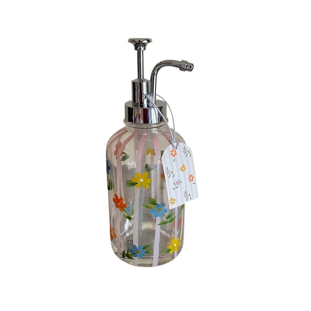 Prima Design Hand Painted Glass Soap Dispenser Floral Pink NWT Cottagecore